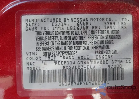 2014 Nissan Sentra Fe+ S/Fe+ Sv/S/Sl/Sr/Sv z USA, uszkodzony, nr VIN 3N1AB7AP7EY260396